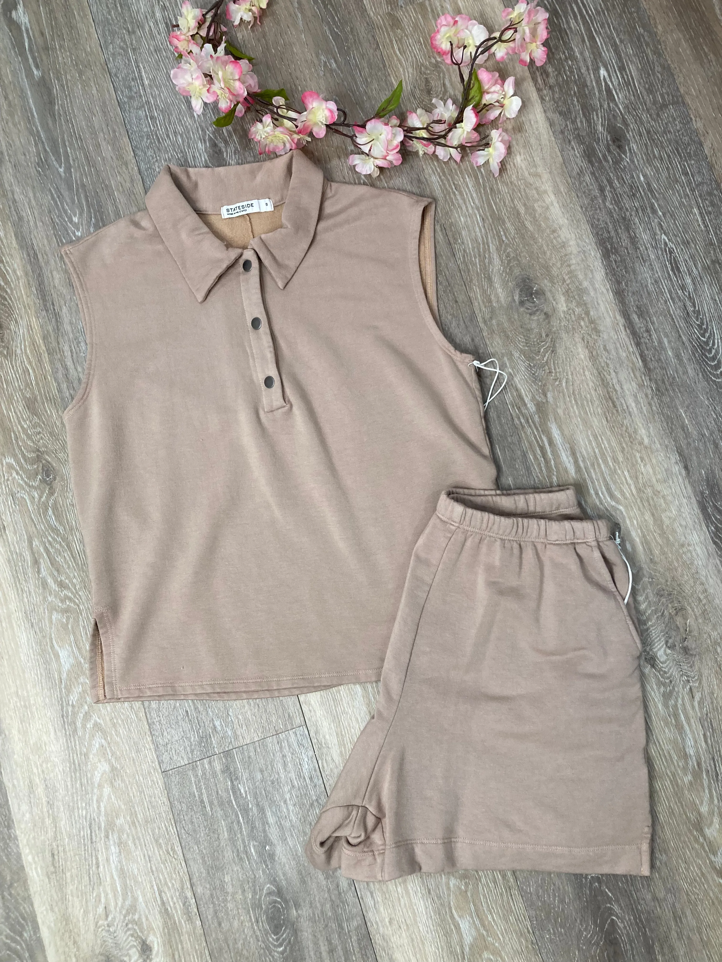 STA Softest Fleece Snap Polo Tank in Almond