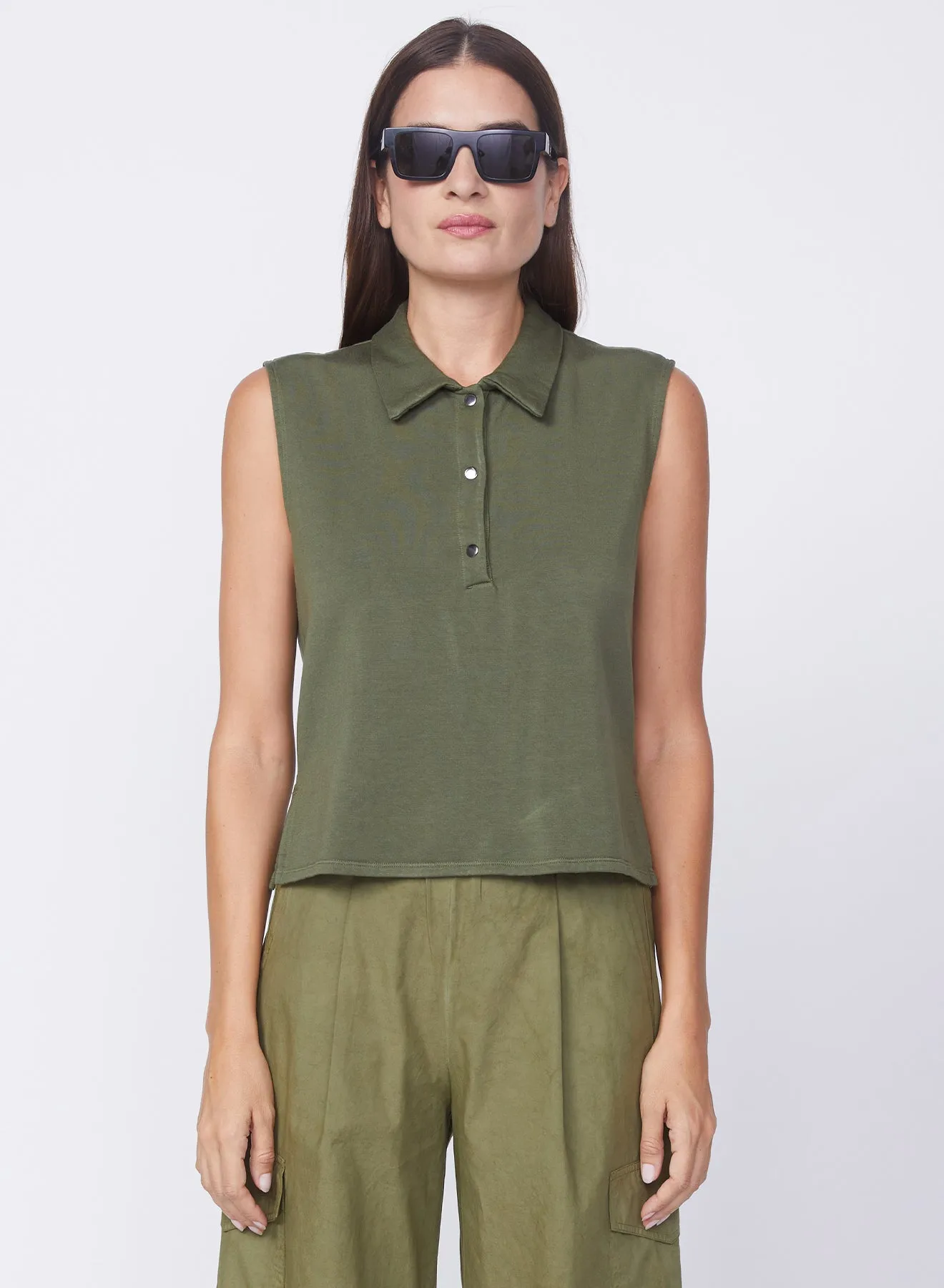 STA Softest Fleece Snap Polo Tank in Seaweed