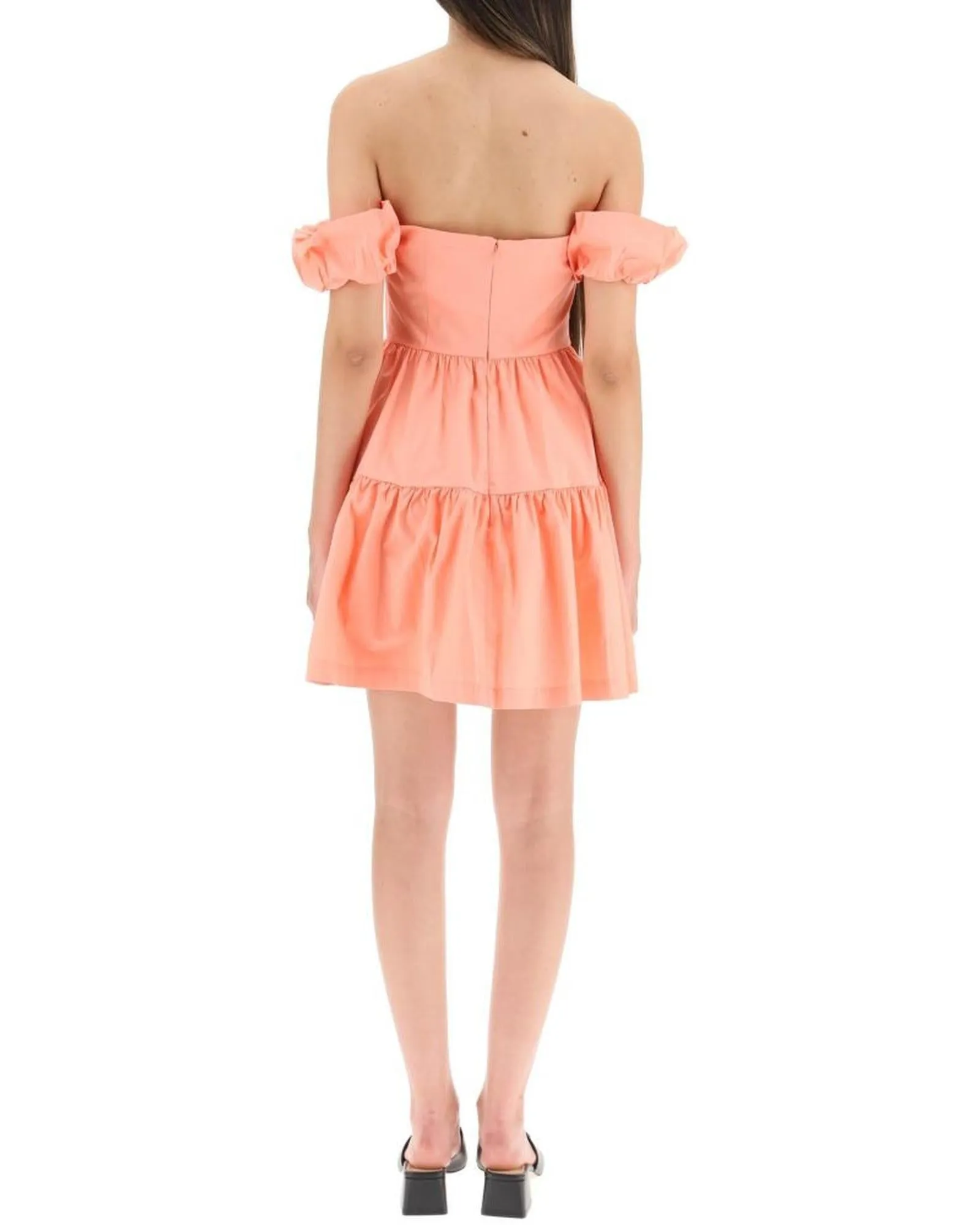 Staud Paloma Off-the-Shoulder Tiered Mini Dress in Coral