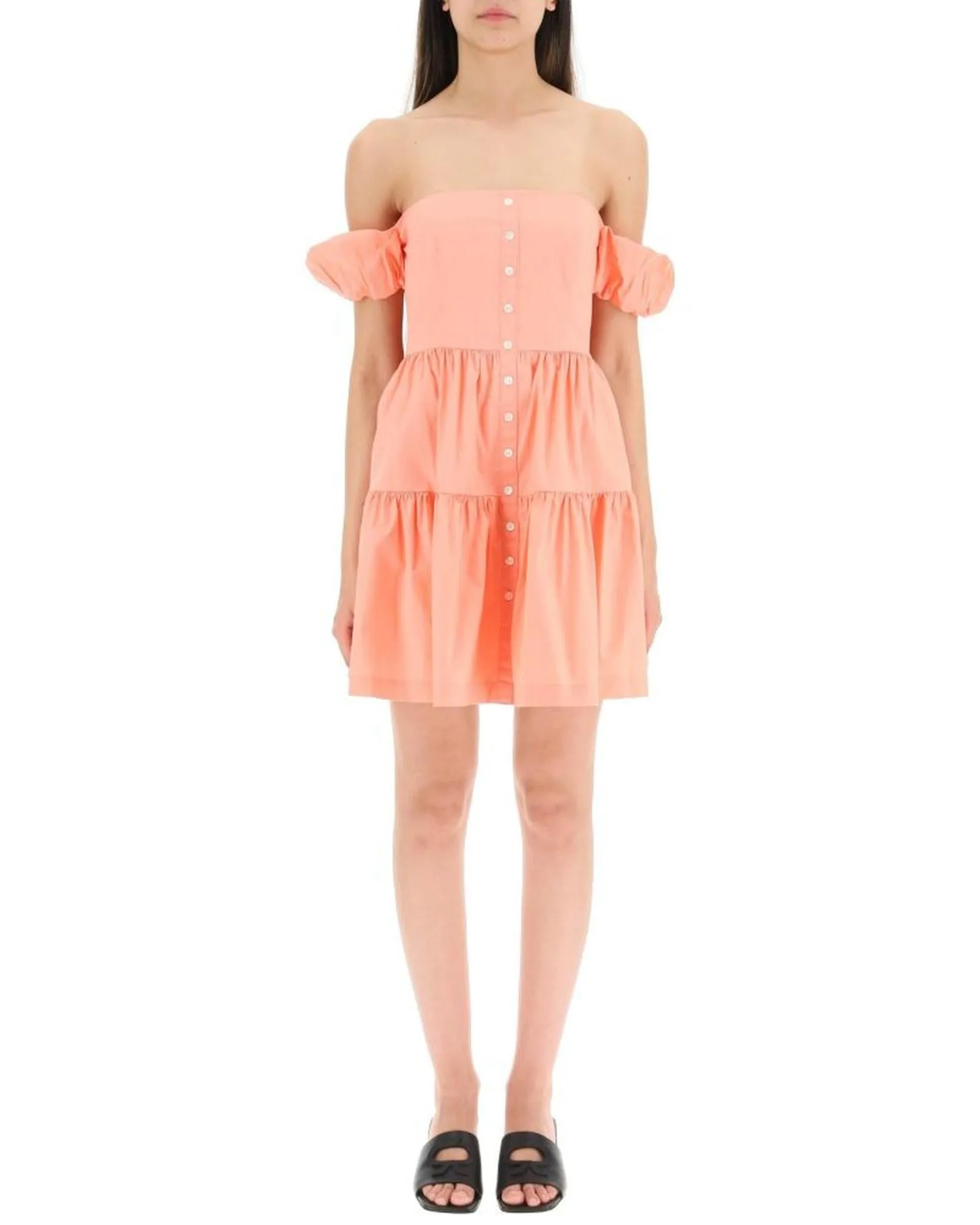 Staud Paloma Off-the-Shoulder Tiered Mini Dress in Coral