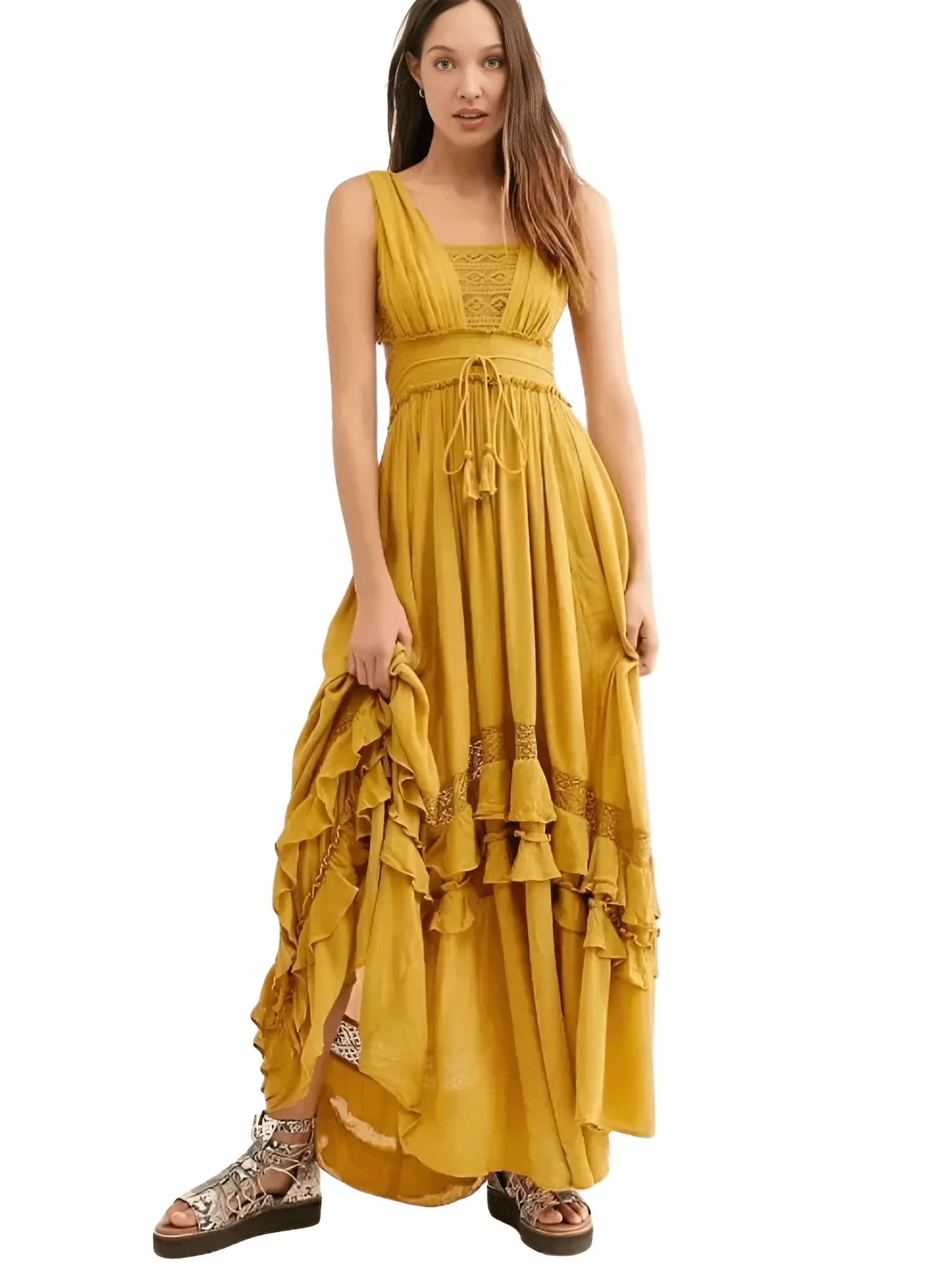 Summer Beach Dress Sleeveless Cotton Maxi Dresses Boho Style Solid Color Lace Ruffled Sundress