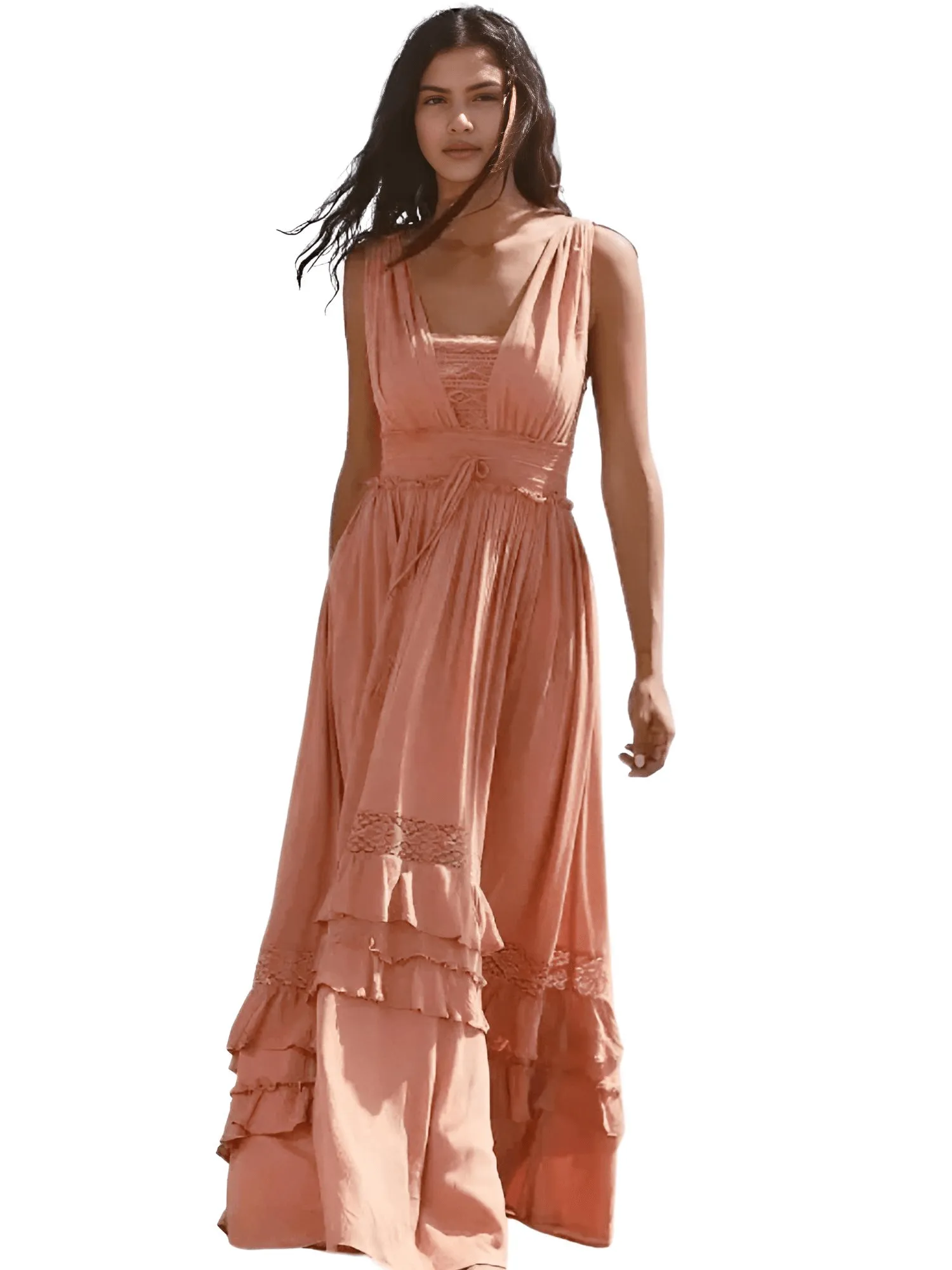 Summer Beach Dress Sleeveless Cotton Maxi Dresses Boho Style Solid Color Lace Ruffled Sundress