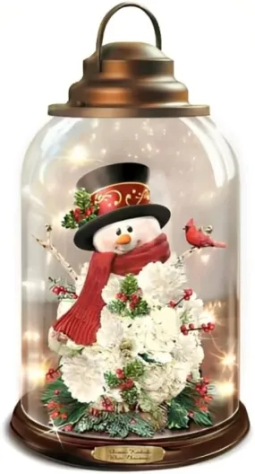 The Bradford Exchange White Christmas Always in Bloom Musical Glass Lantern Illuminated Hand-Crafted Snowman Cardinal Sculpture Floral Design with Melodies Christmas Decoration by T-Kinkade 9-inches