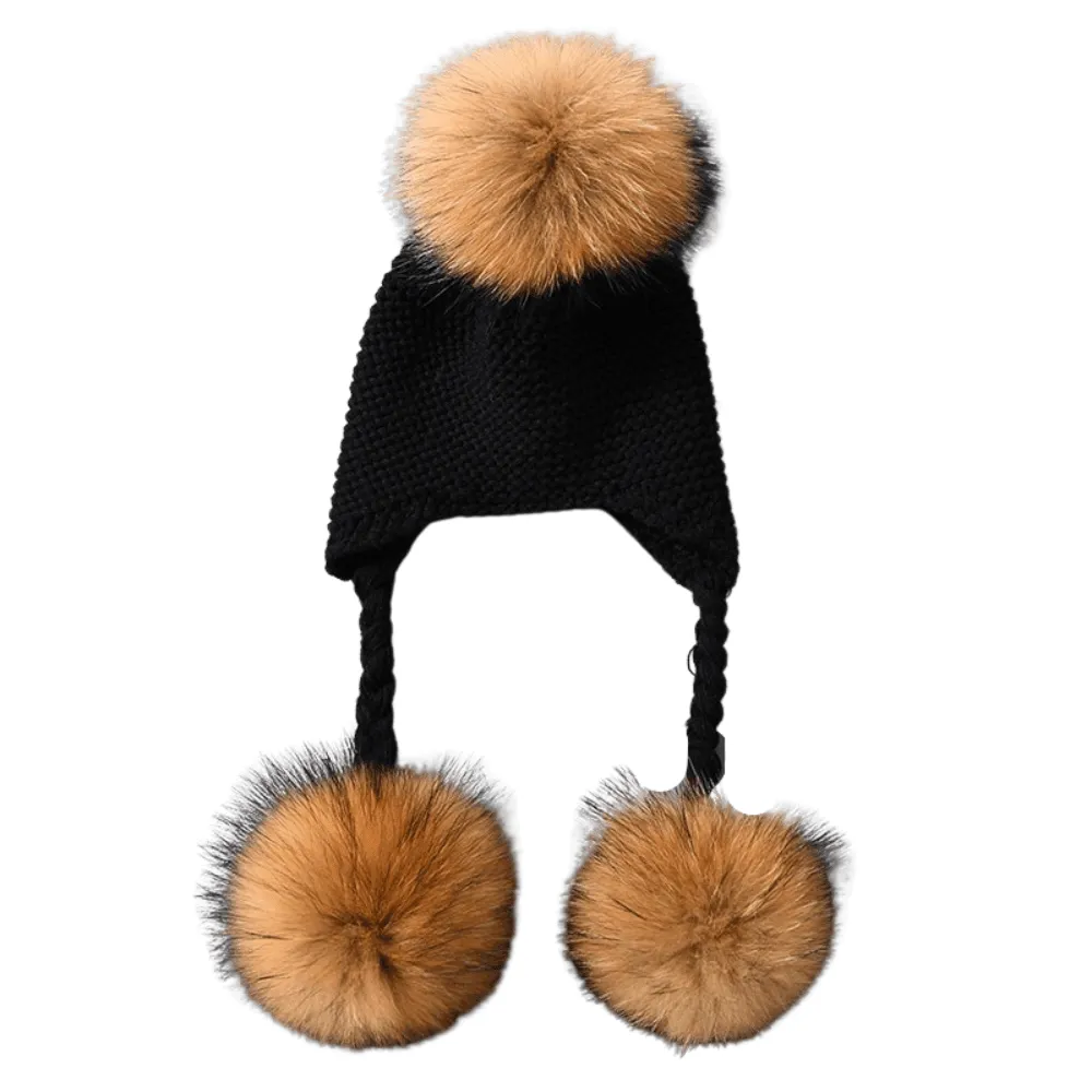 Three Real Fur Pompom Baby Hat