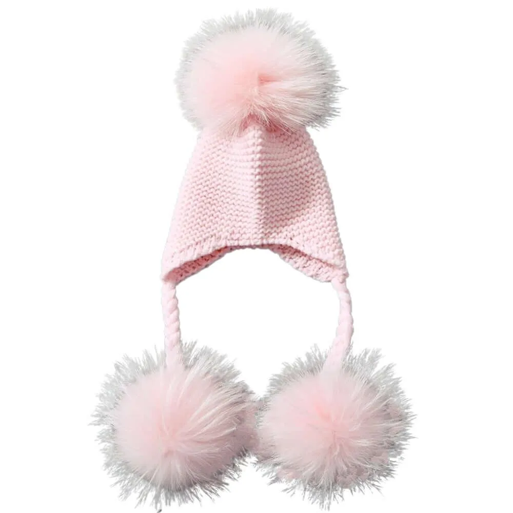 Three Real Fur Pompom Baby Hat