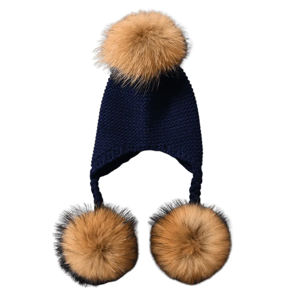 Three Real Fur Pompom Baby Hat