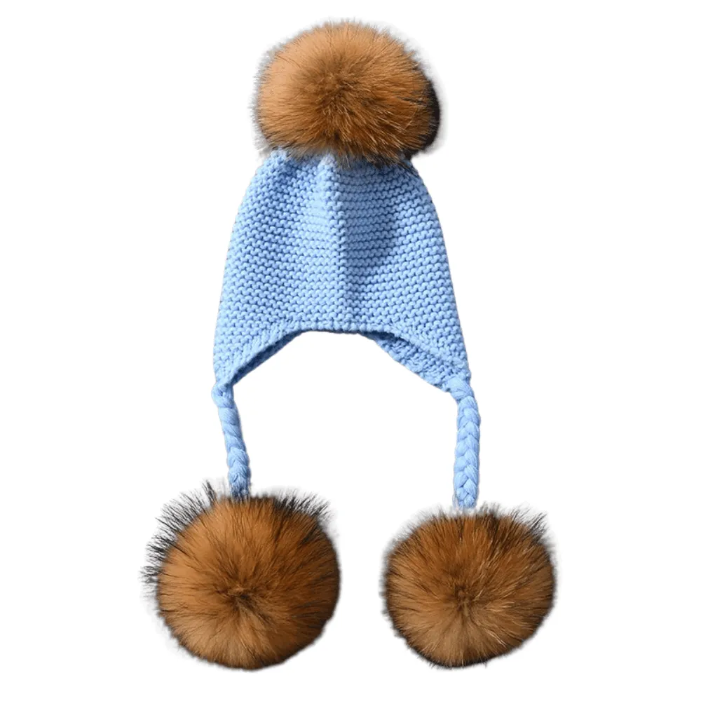 Three Real Fur Pompom Baby Hat