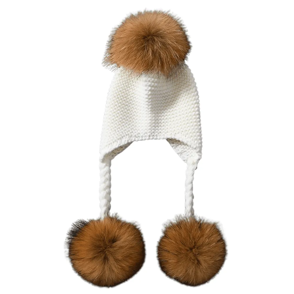 Three Real Fur Pompom Baby Hat