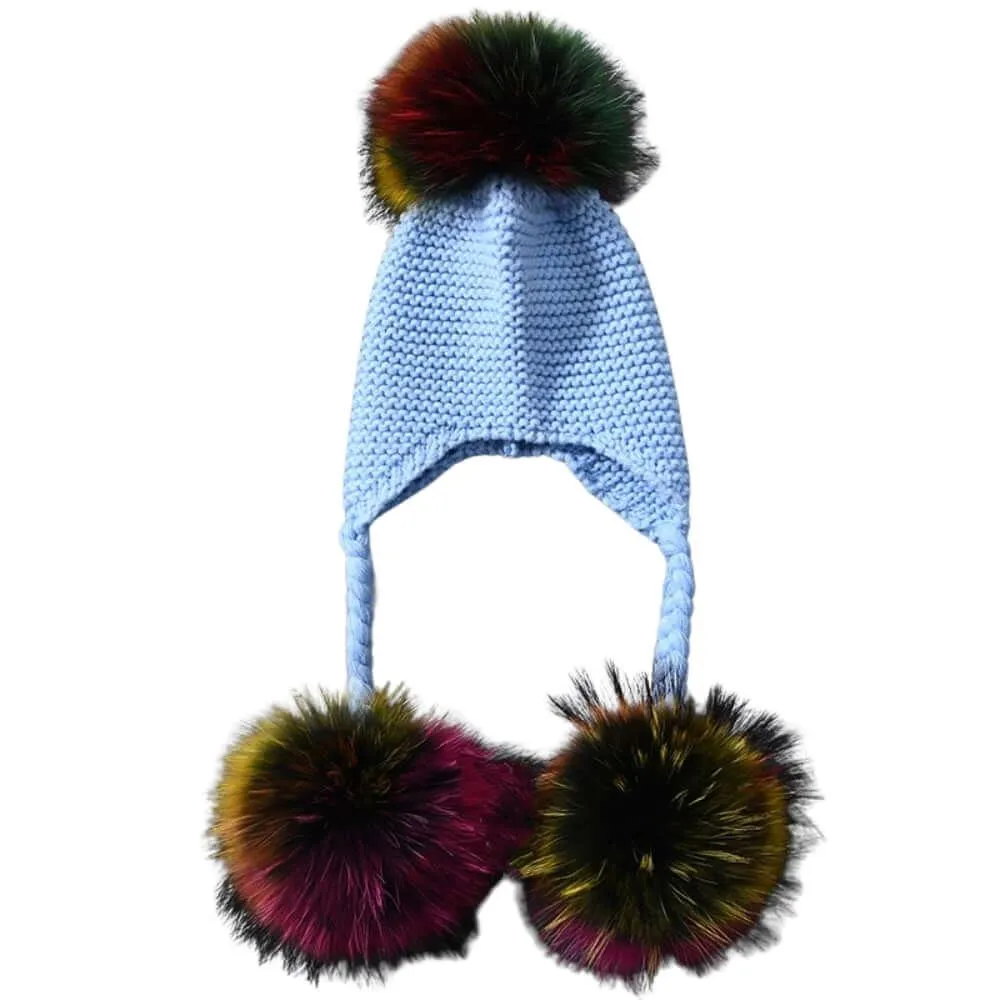 Three Real Fur Pompom Baby Hat