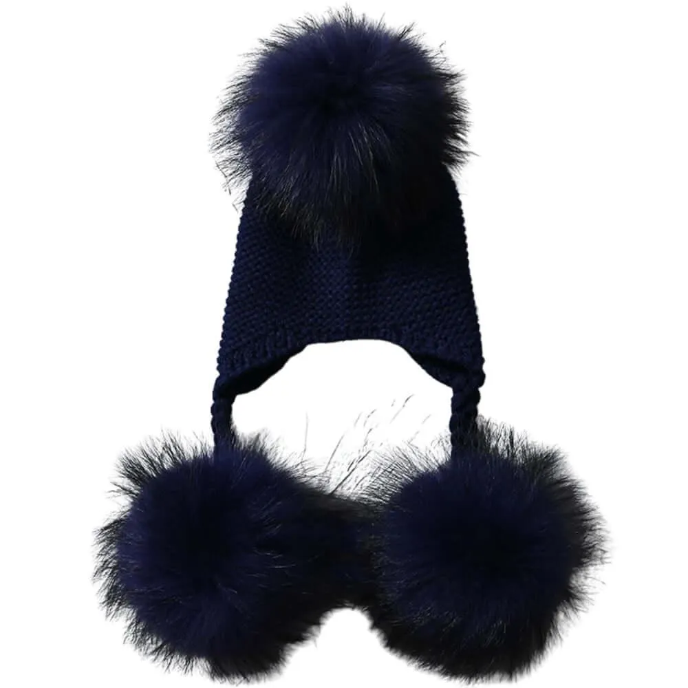 Three Real Fur Pompom Baby Hat