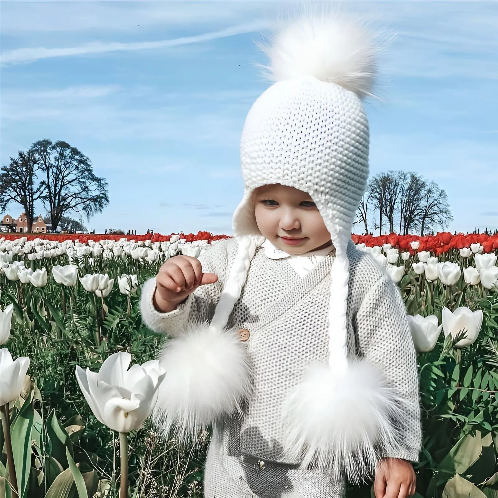 Three Real Fur Pompom Baby Hat