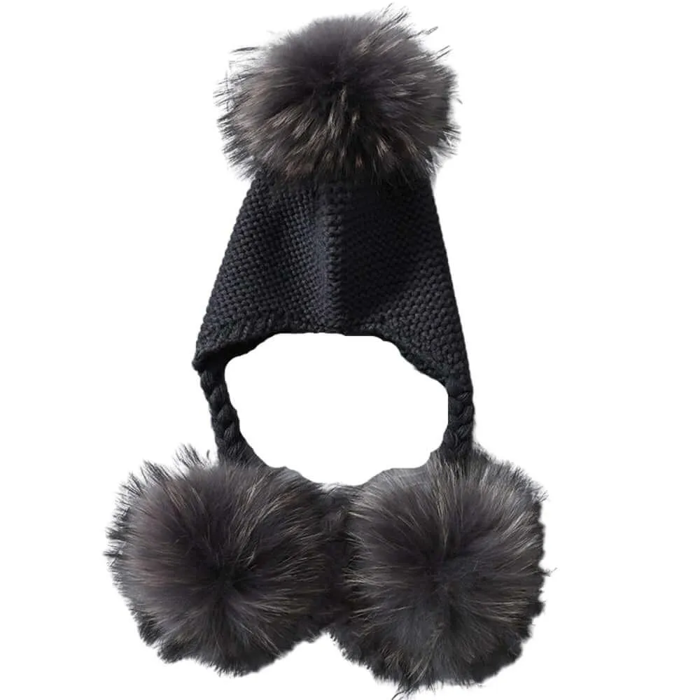 Three Real Fur Pompom Baby Hat