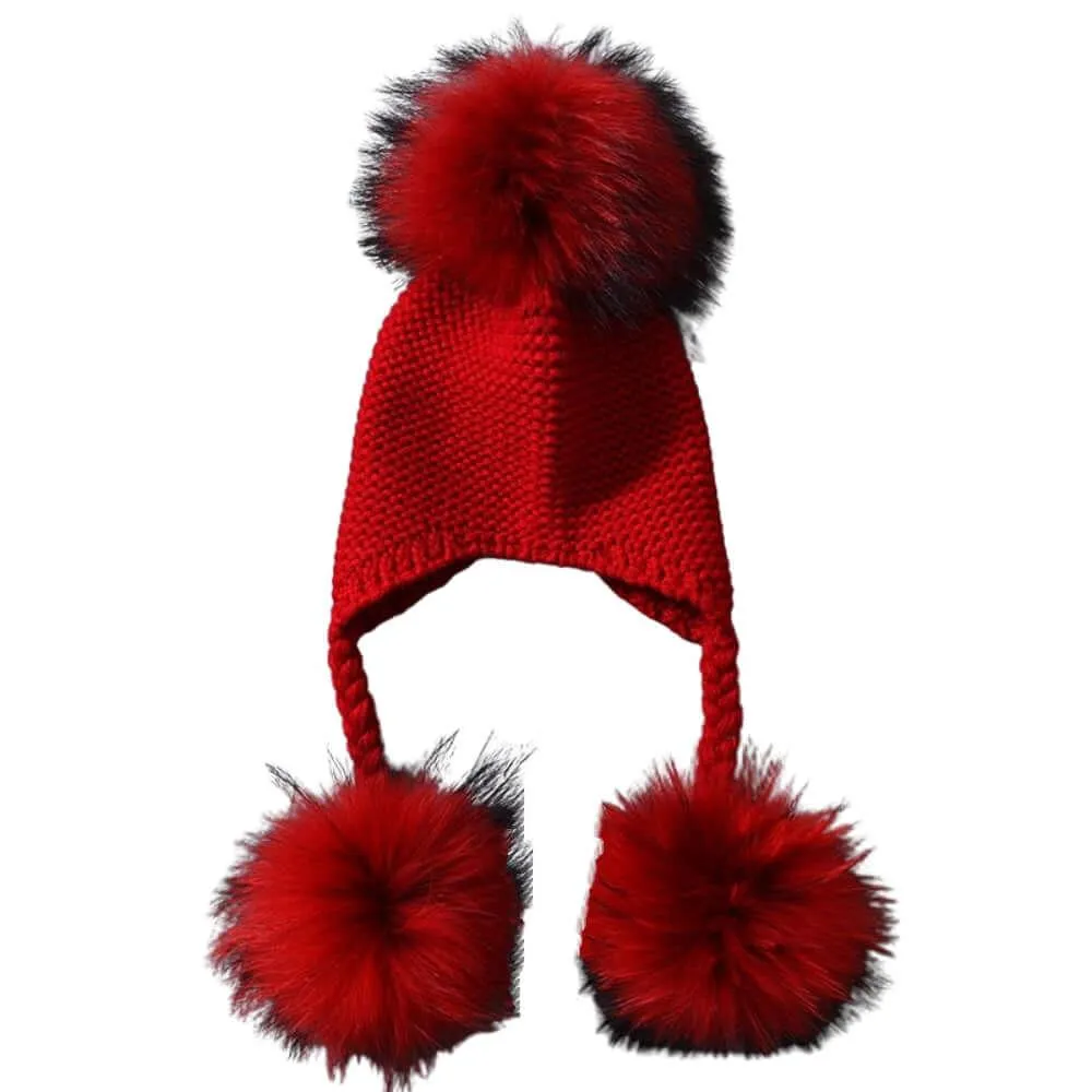 Three Real Fur Pompom Baby Hat