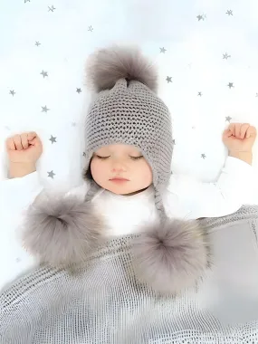 Three Real Fur Pompom Baby Hat