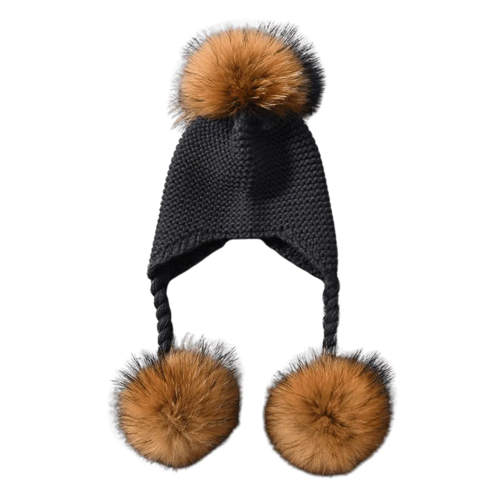 Three Real Fur Pompom Baby Hat