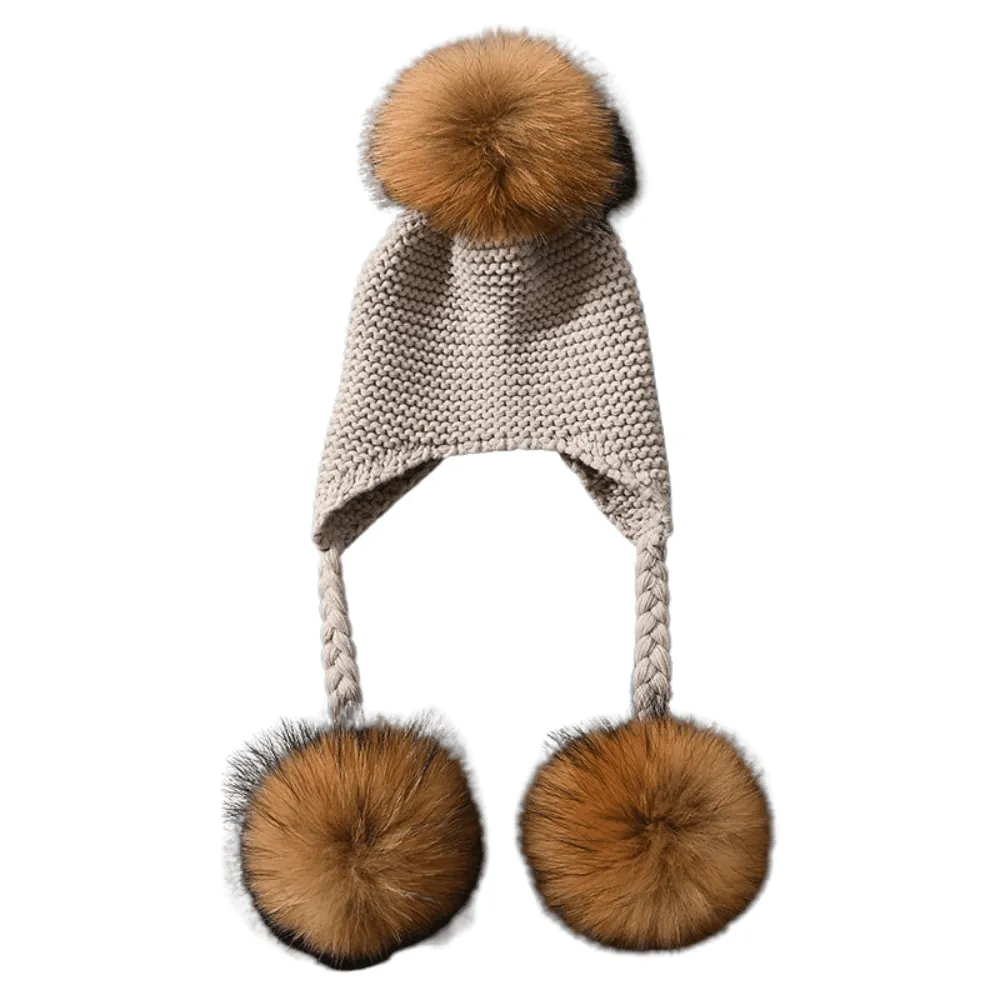 Three Real Fur Pompom Baby Hat