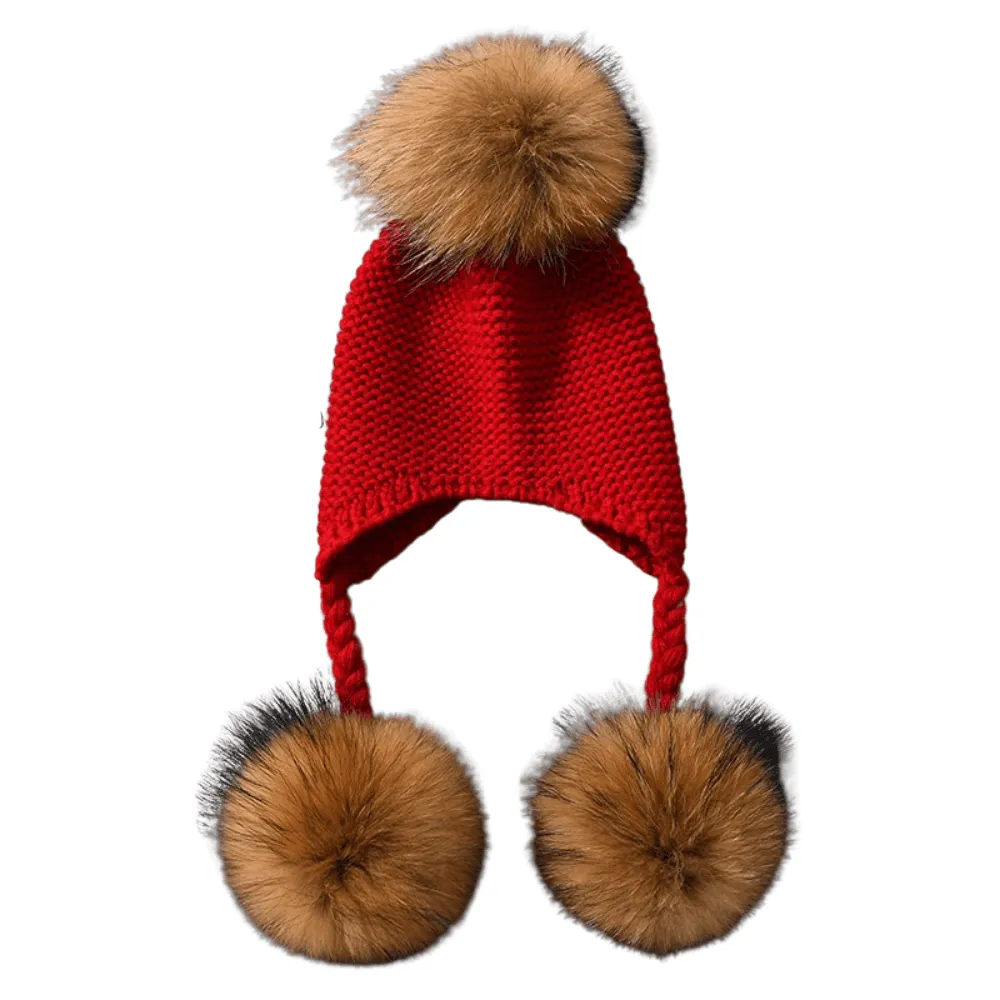 Three Real Fur Pompom Baby Hat