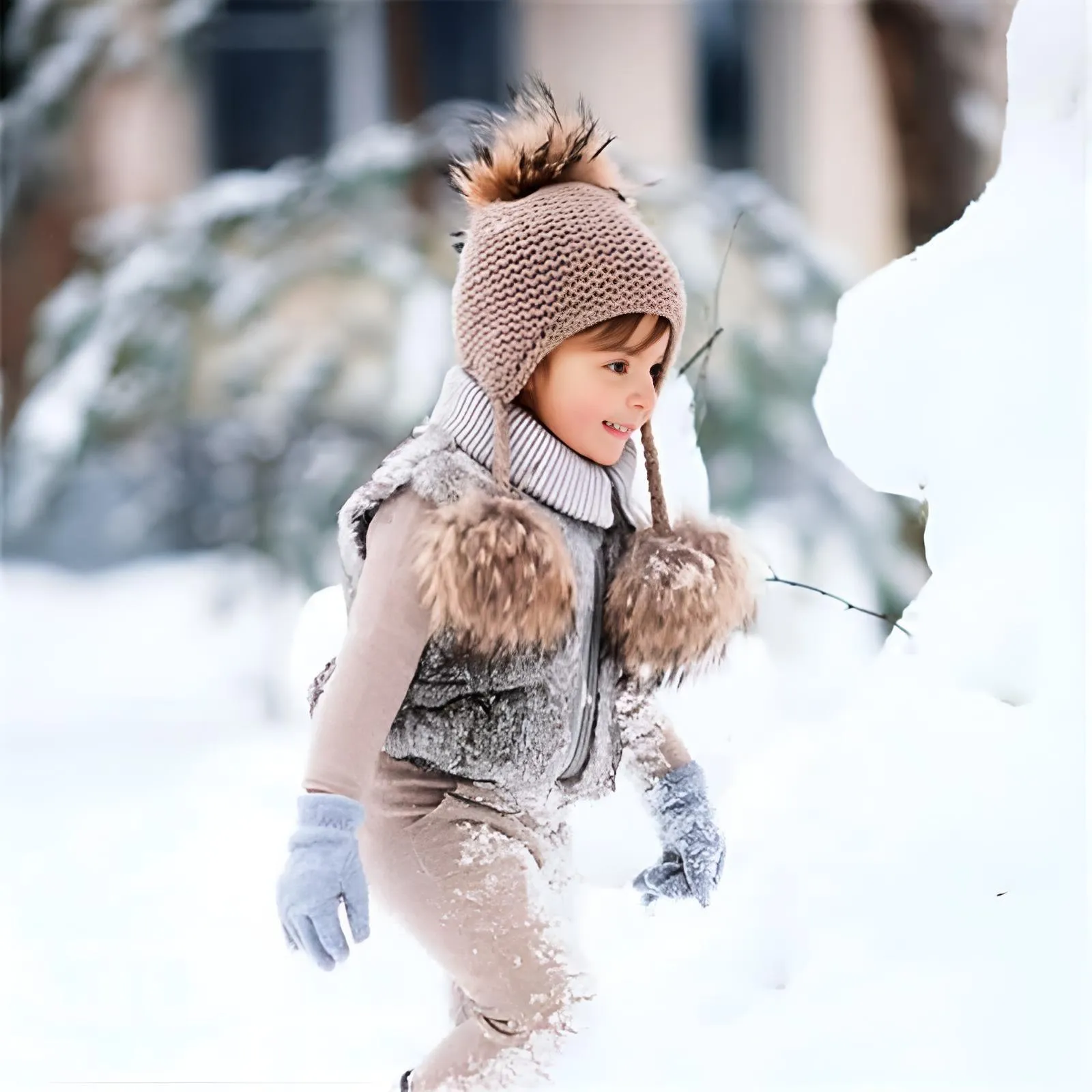 Three Real Fur Pompom Baby Hat