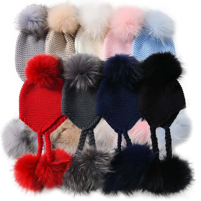 Three Real Fur Pompom Baby Hat