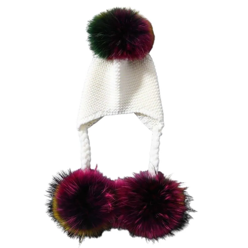 Three Real Fur Pompom Baby Hat