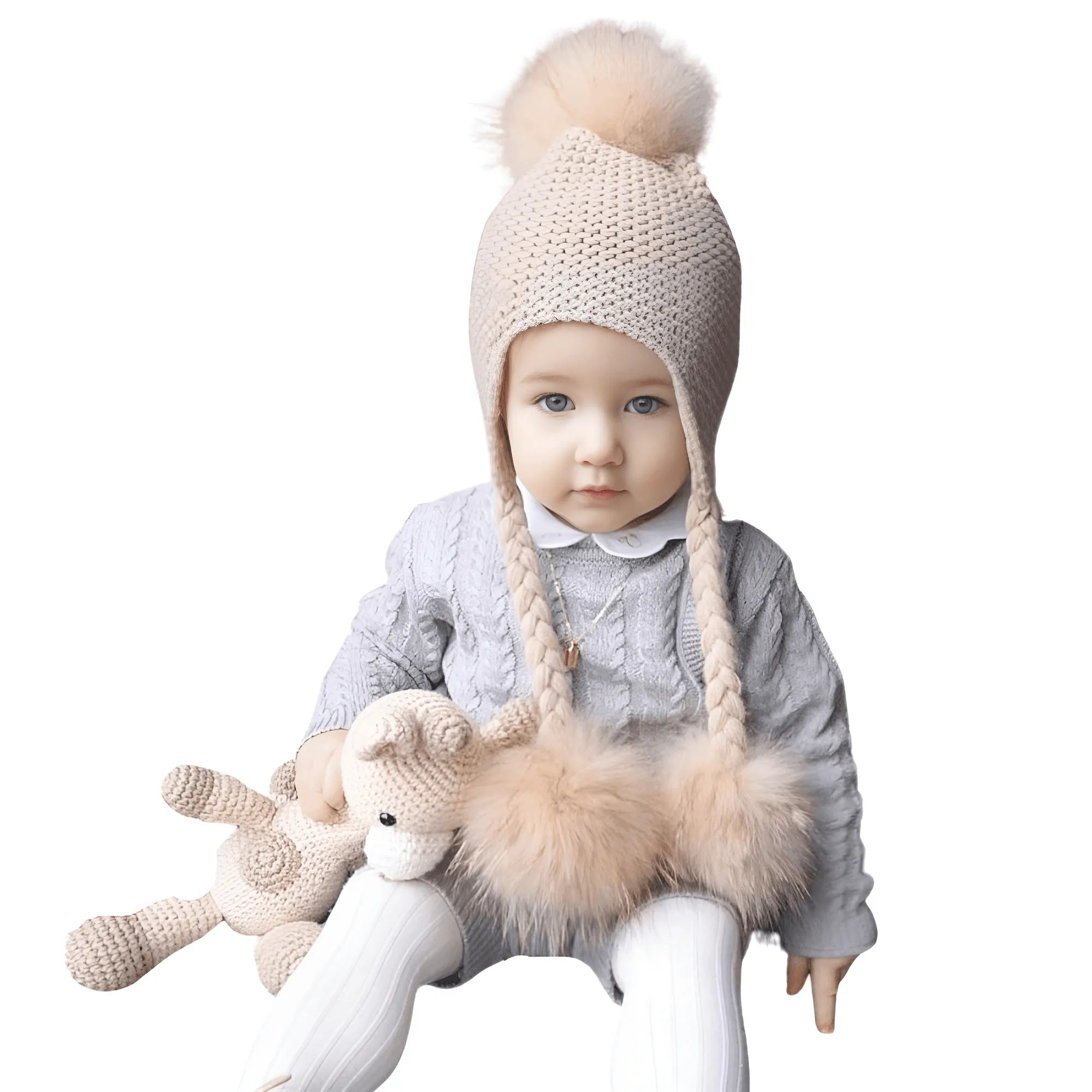 Three Real Fur Pompom Baby Hat