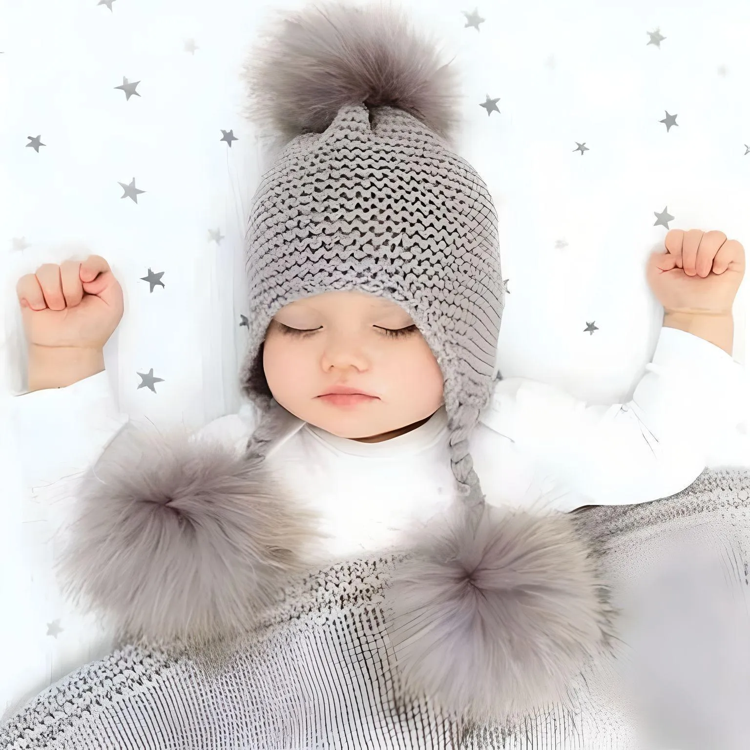 Three Real Fur Pompom Baby Hat