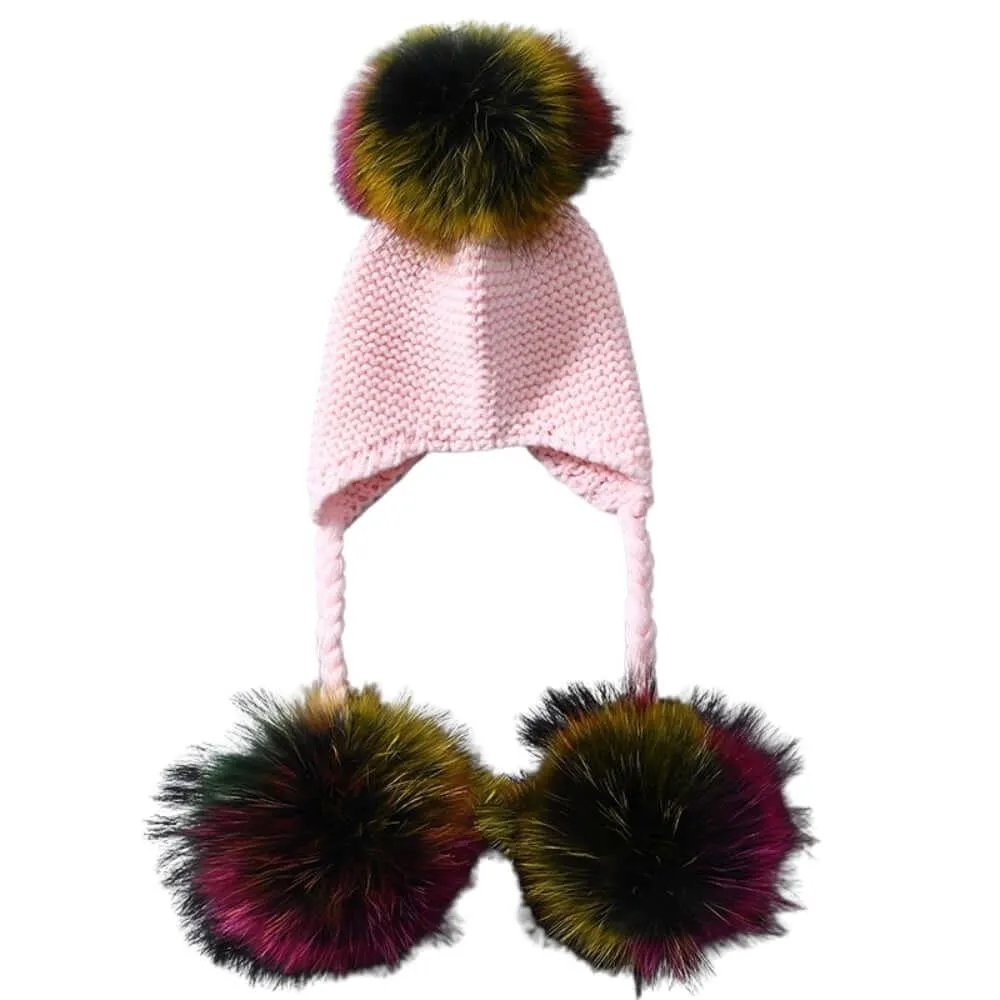 Three Real Fur Pompom Baby Hat