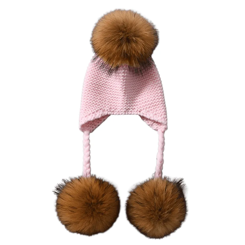 Three Real Fur Pompom Baby Hat