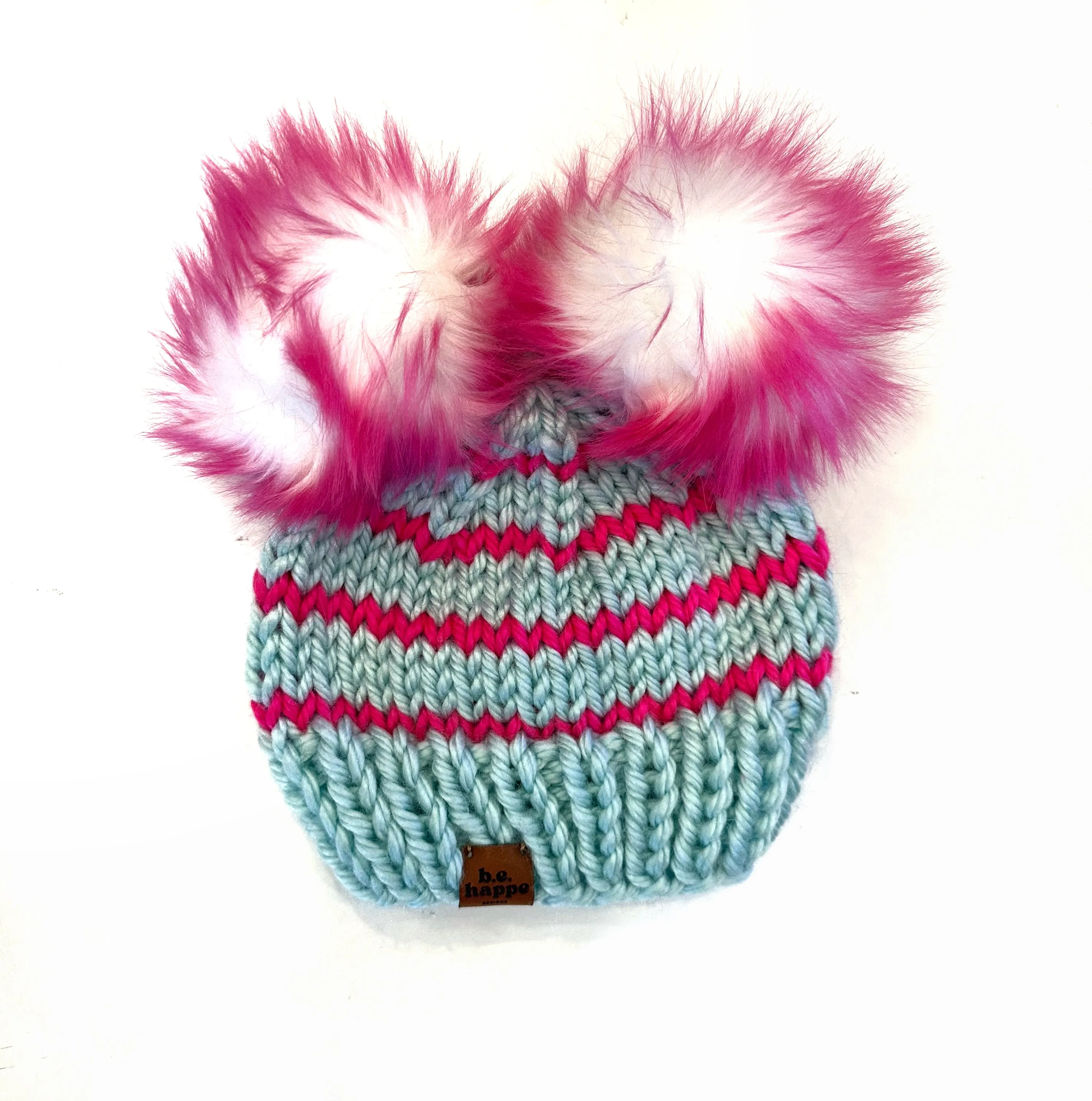 Toddler Stripe Knit Double Pom Pom Hat | Wool Free Blue   Hot Pink