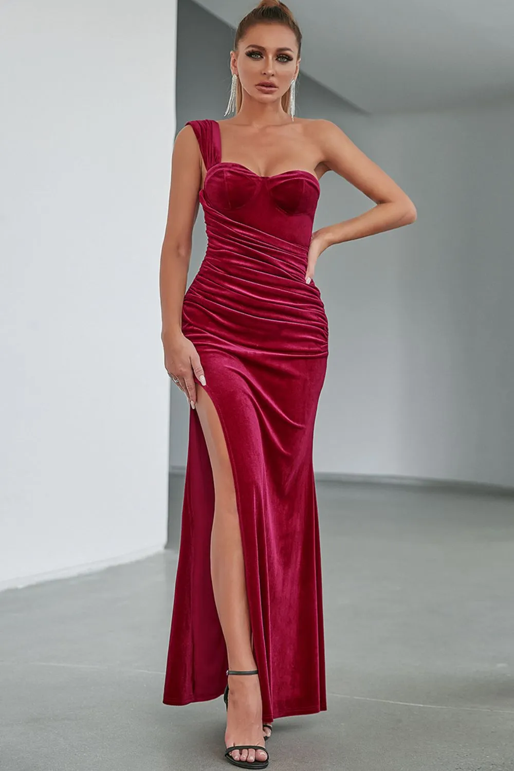 Velvet Split One-Shoulder Maxi Dress