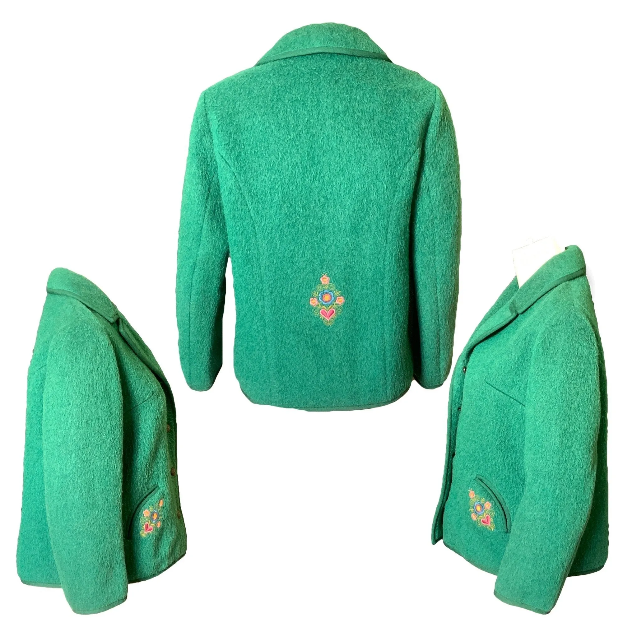 Vintage Green Wool Jacket with Embroidered Flowers from Germany. Waterproof Wool Perfect for Spring!