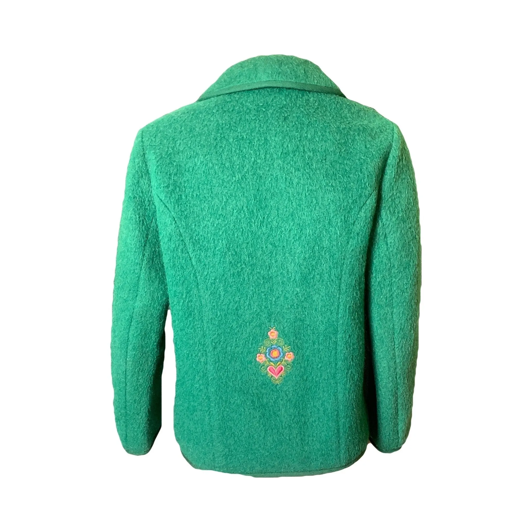 Vintage Green Wool Jacket with Embroidered Flowers from Germany. Waterproof Wool Perfect for Spring!