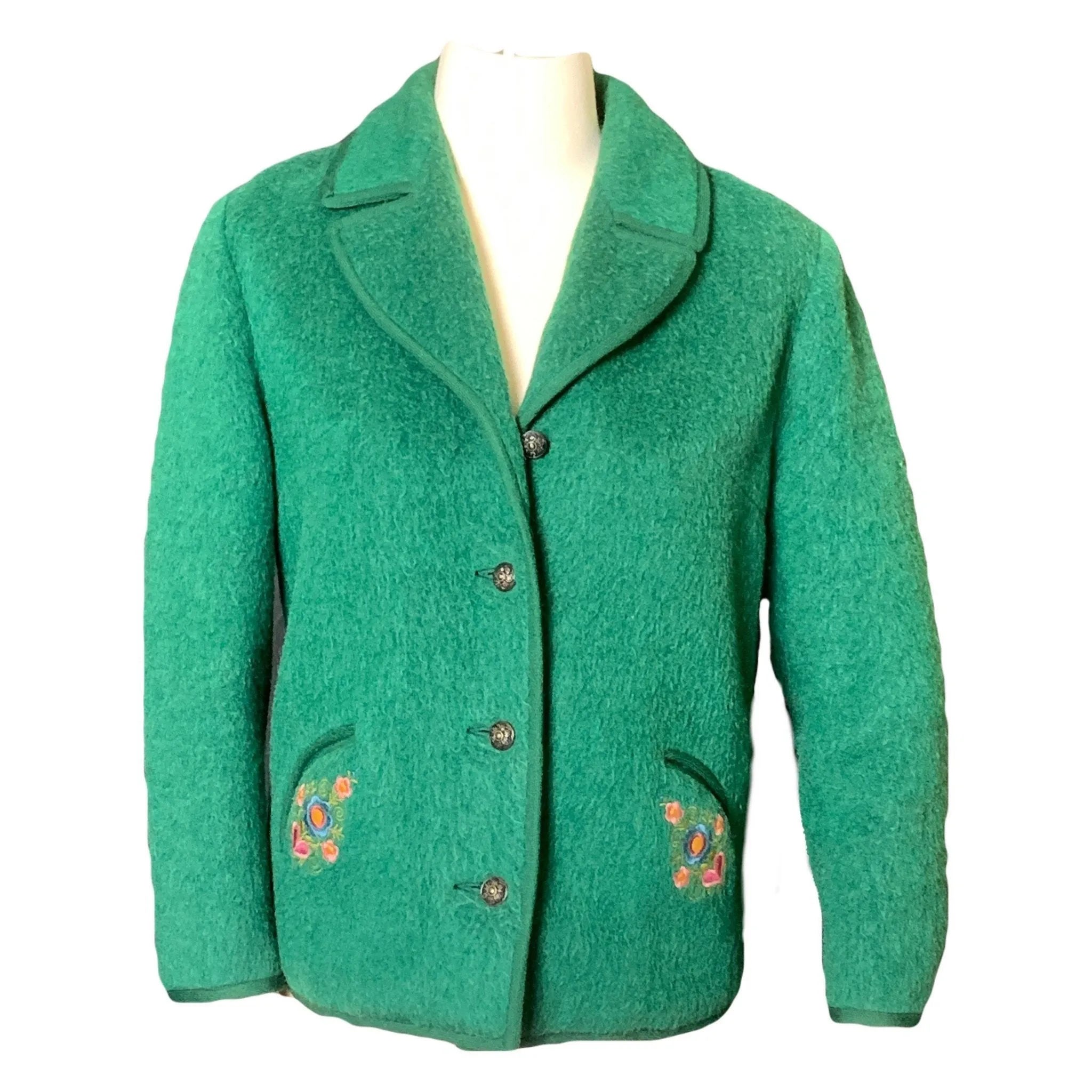 Vintage Green Wool Jacket with Embroidered Flowers from Germany. Waterproof Wool Perfect for Spring!