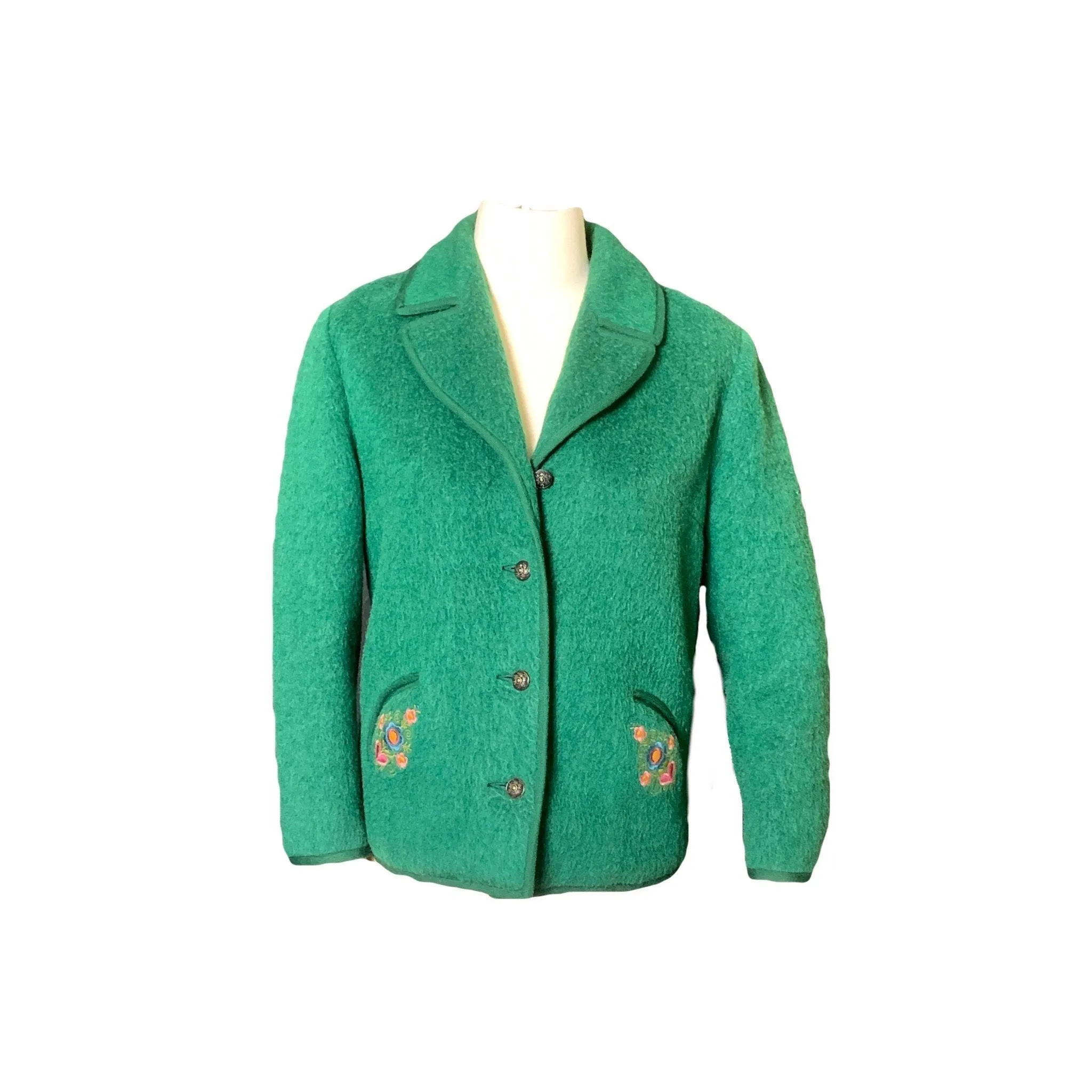 Vintage Green Wool Jacket with Embroidered Flowers from Germany. Waterproof Wool Perfect for Spring!