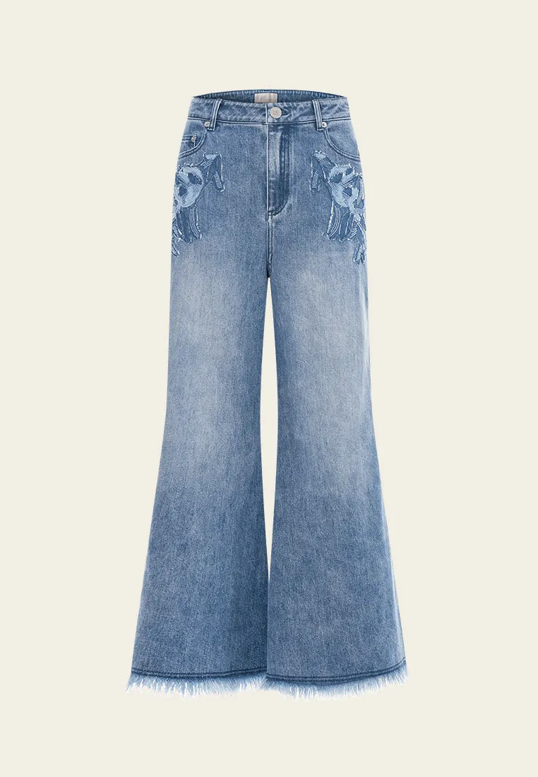 Washed Embellished Frayed-detail Flared Jeans