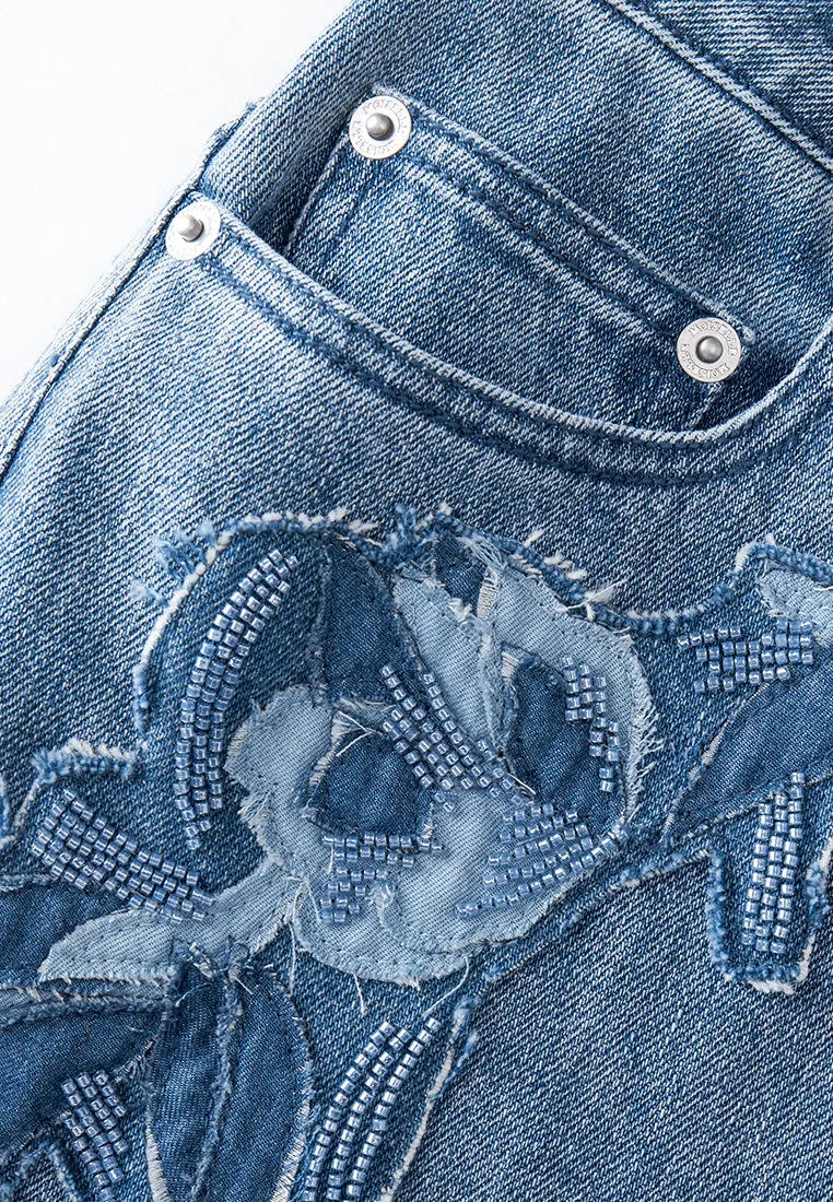 Washed Embellished Frayed-detail Flared Jeans