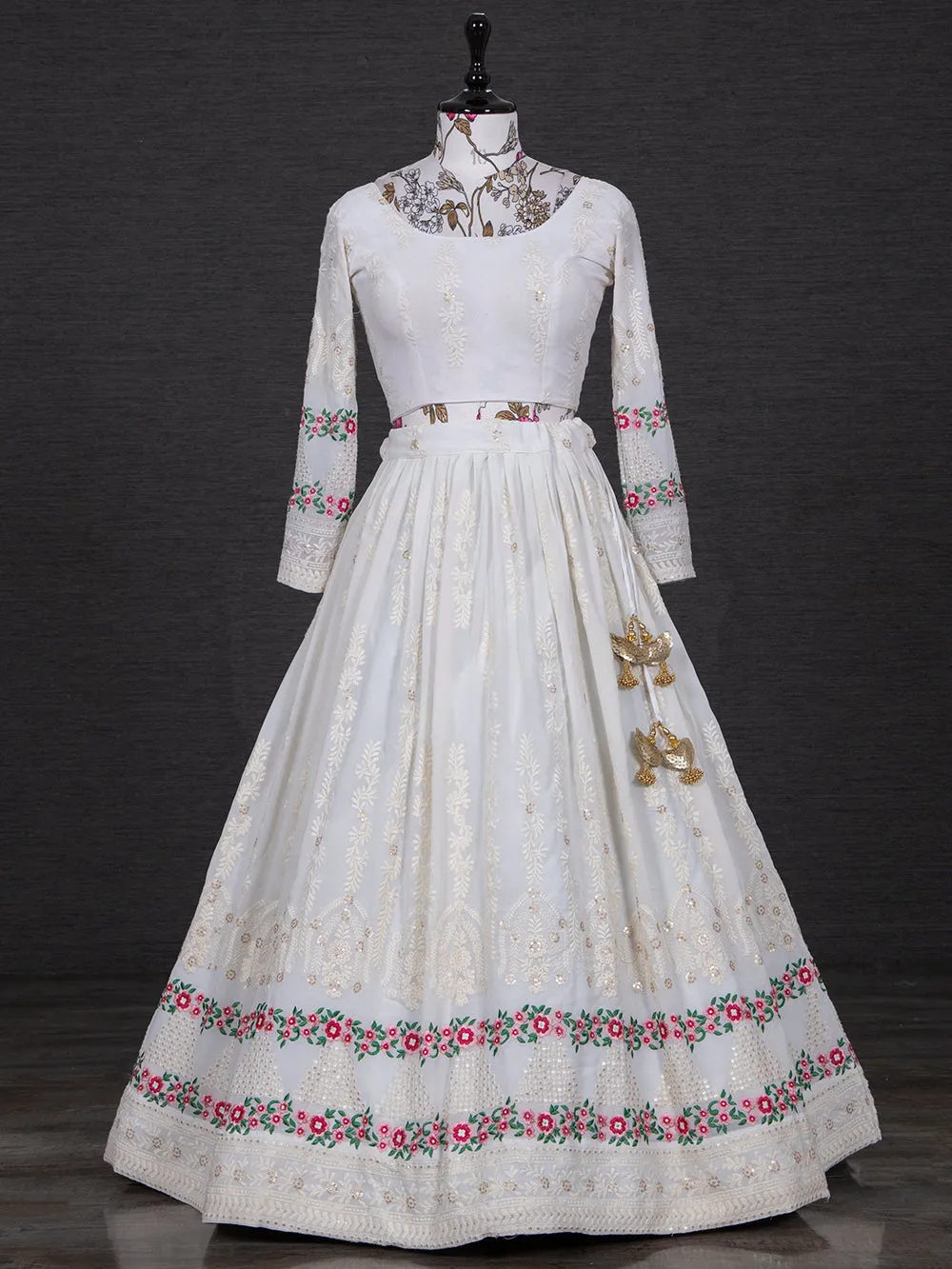 White Color Lucknowi Embroidery Work Georgette Lehenga Set With Gaji Silk Dupatta