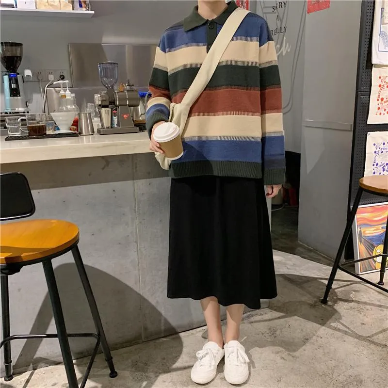 Wide Colorful Stripes Polo Collar Loose Sweater