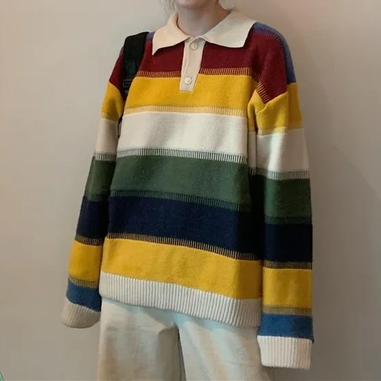 Wide Colorful Stripes Polo Collar Loose Sweater