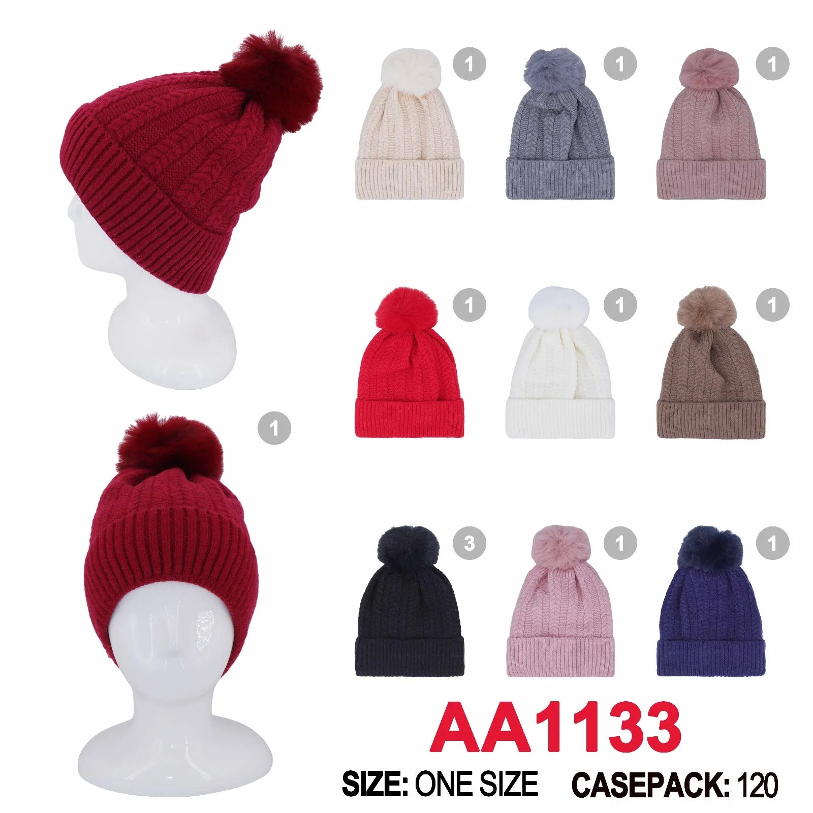 Winter Cable Knitted Cuffed Hat Beanies Pom Skull Cap Fur Lining AA1133