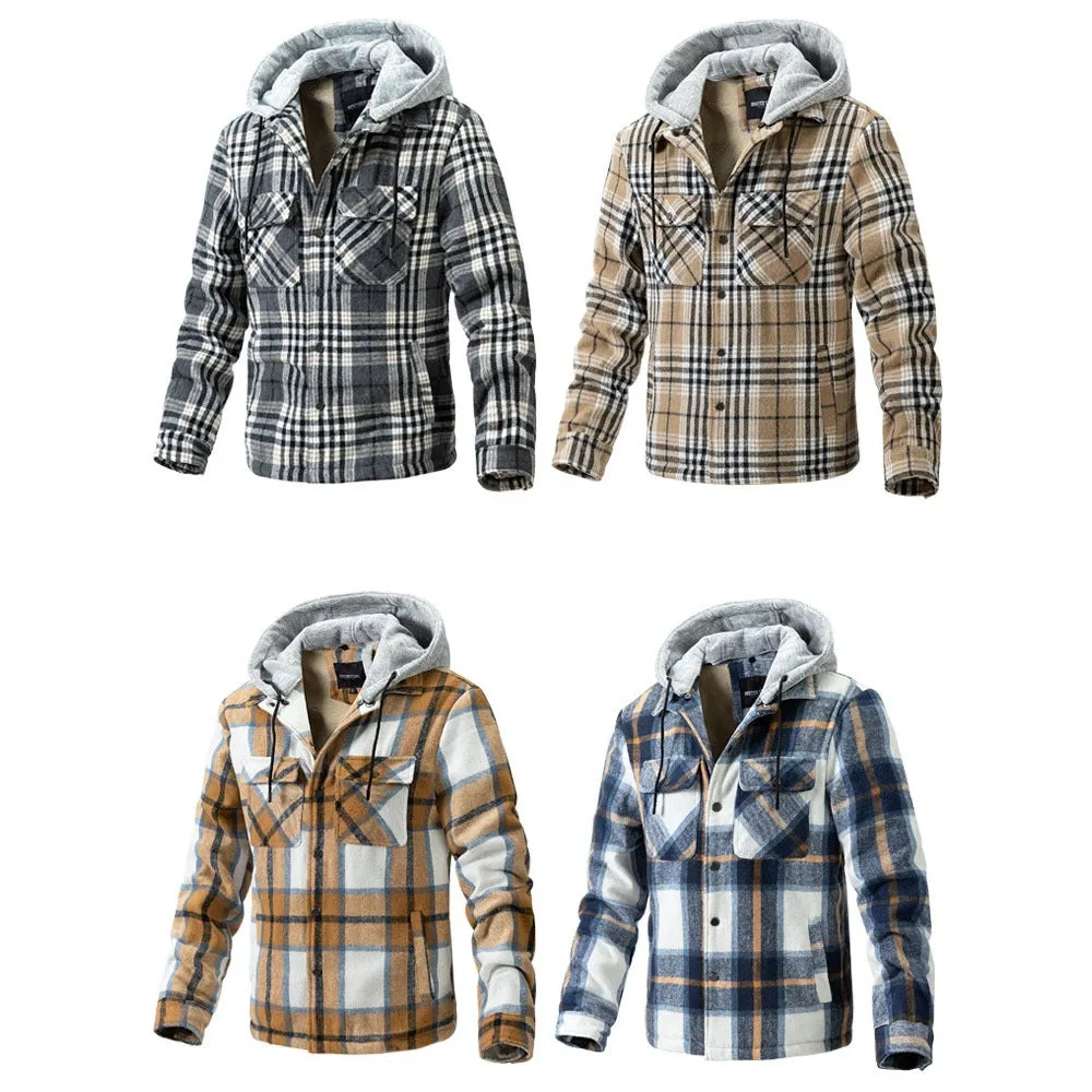 Winter High Quality Men's Jacket Plaid Wool Heavy Plus Size Shirt Checkered Hooded Coat Oversize Top| 88027