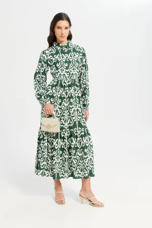 Women Green And White Printed Tiered Dress