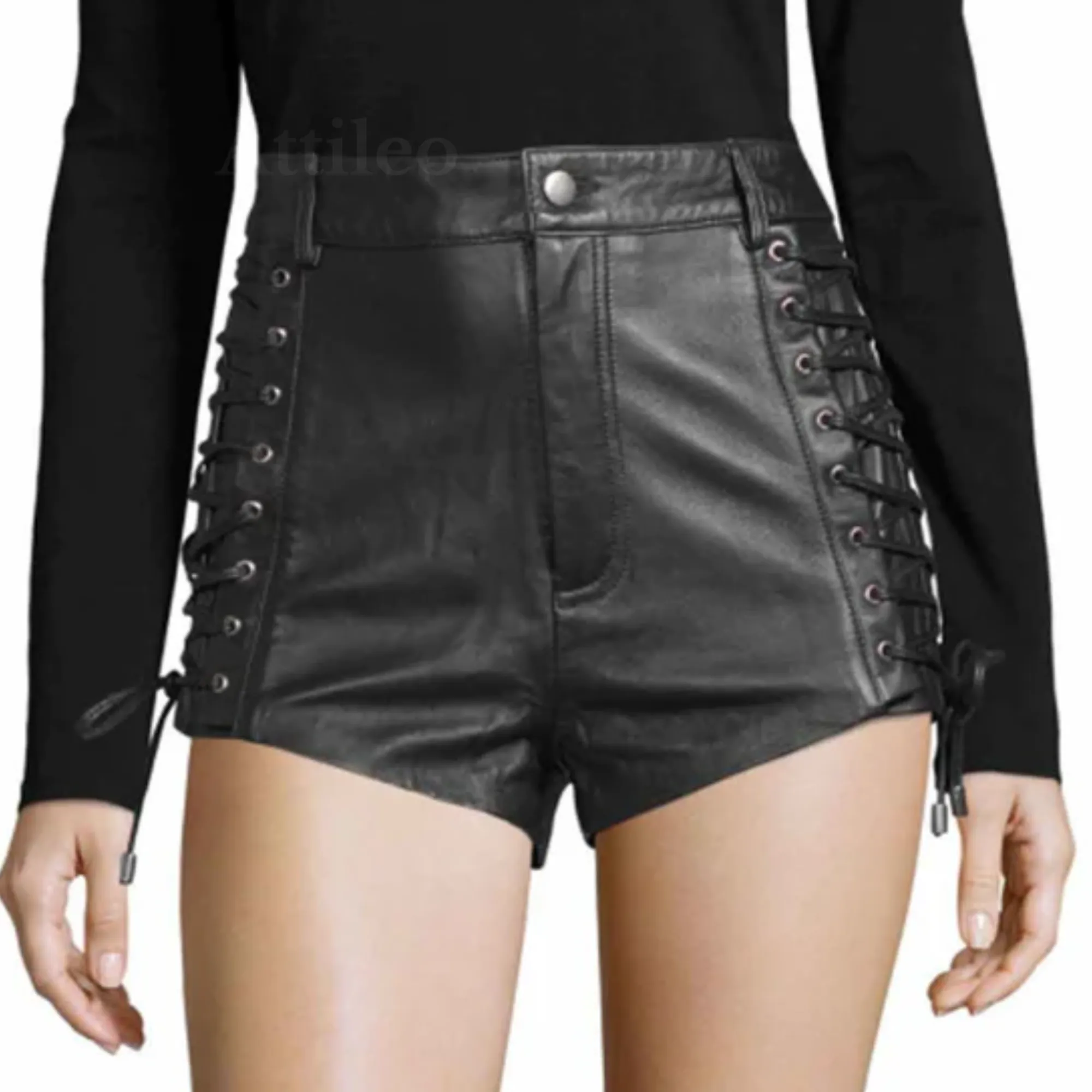 Womens Leather Shorts Side Lace Up Style