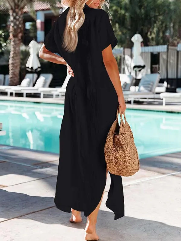 Women's Short Sleeve Button Down Side Slit Maxi Long Swimsuit Cover Up