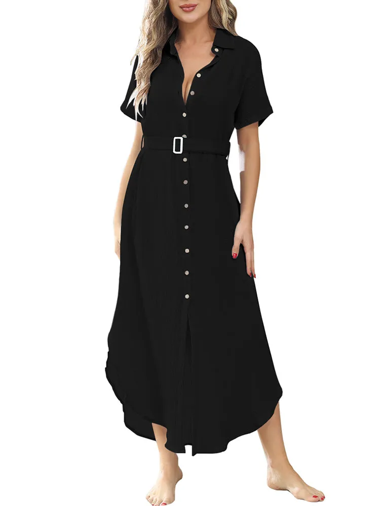 Women's Short Sleeve Button Down Side Slit Maxi Long Swimsuit Cover Up