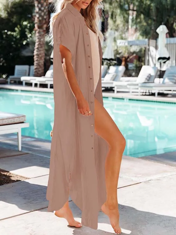 Women's Short Sleeve Button Down Side Slit Maxi Long Swimsuit Cover Up