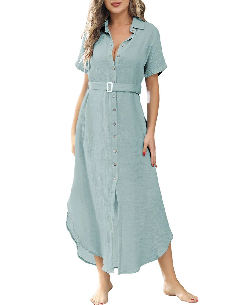 Women's Short Sleeve Button Down Side Slit Maxi Long Swimsuit Cover Up