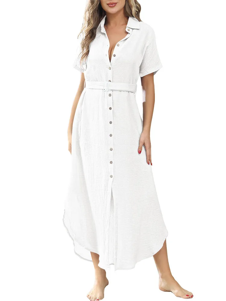 Women's Short Sleeve Button Down Side Slit Maxi Long Swimsuit Cover Up