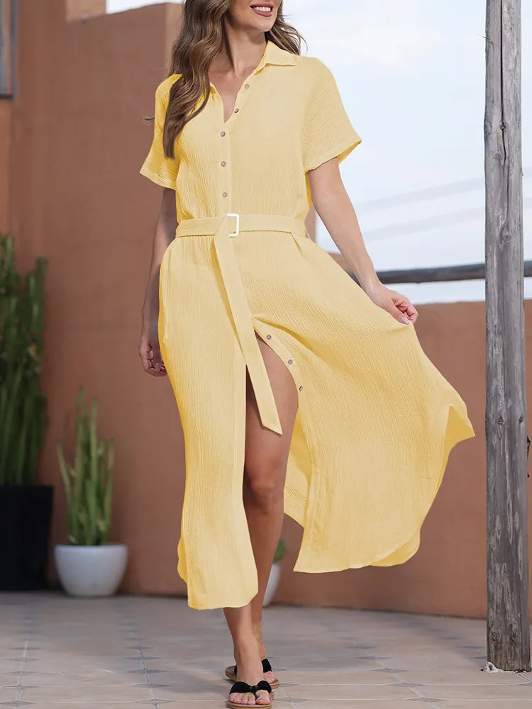 Women's Short Sleeve Button Down Side Slit Maxi Long Swimsuit Cover Up