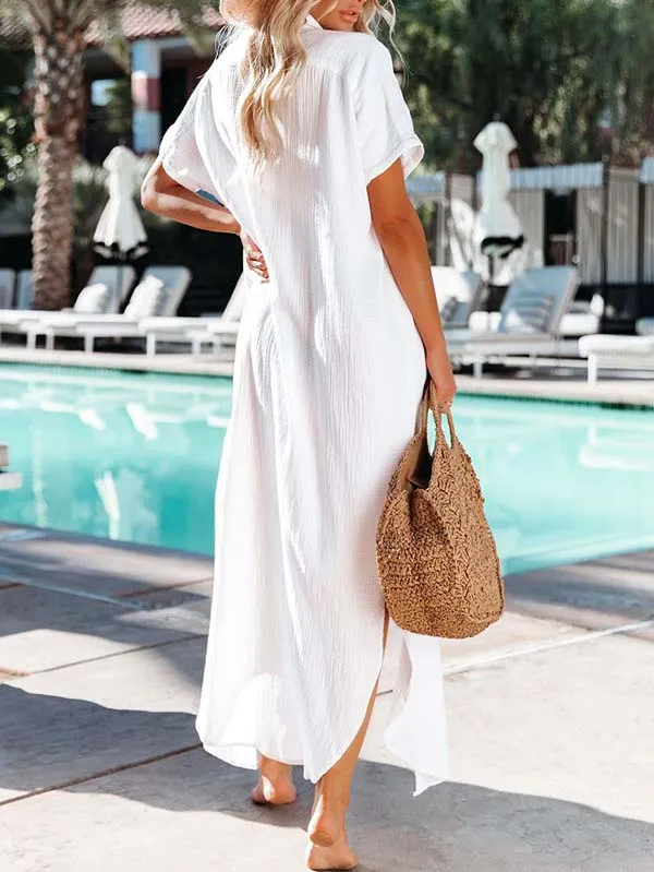 Women's Short Sleeve Button Down Side Slit Maxi Long Swimsuit Cover Up